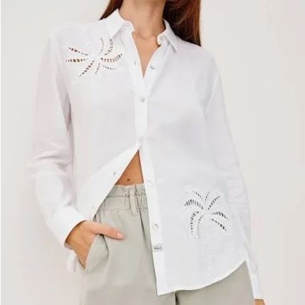 Rails Charli White Palm Tree Eyelet Button Front Linen Blend Shirt Medium